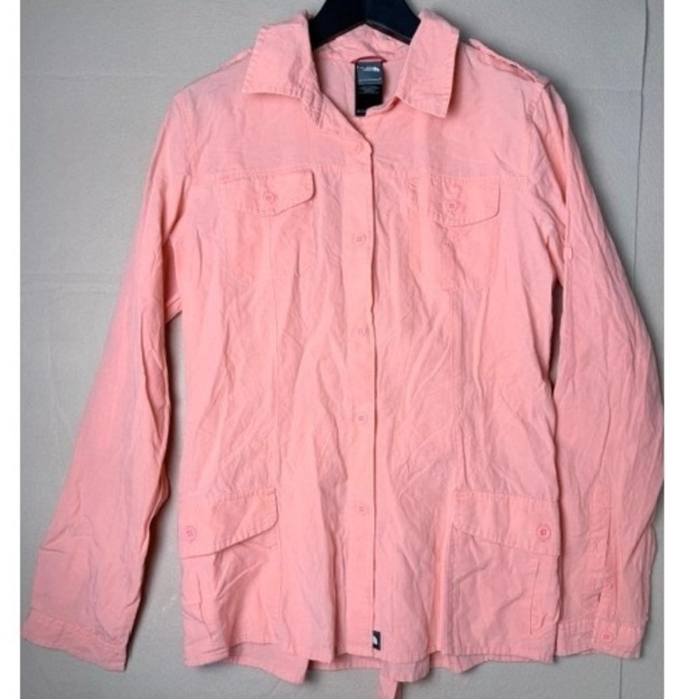 The North Face Womens M Orange Pink Utility Shirt Jacket Linen Cotton Belted
